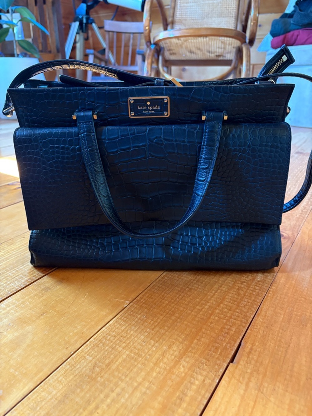 Kate Spade Carena Black Croc Embossed Leather Satchel